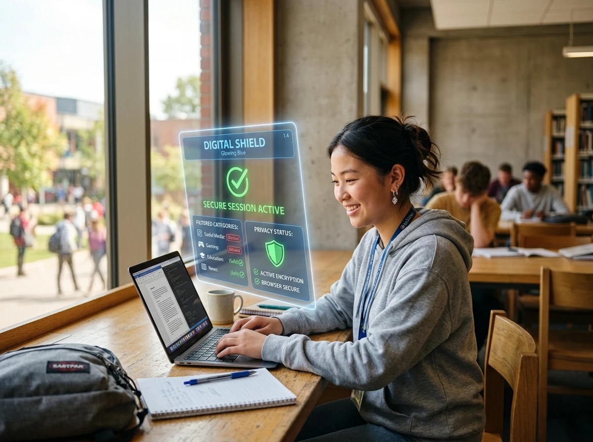 Student safely learning on laptop with ArkForte protective digital shield